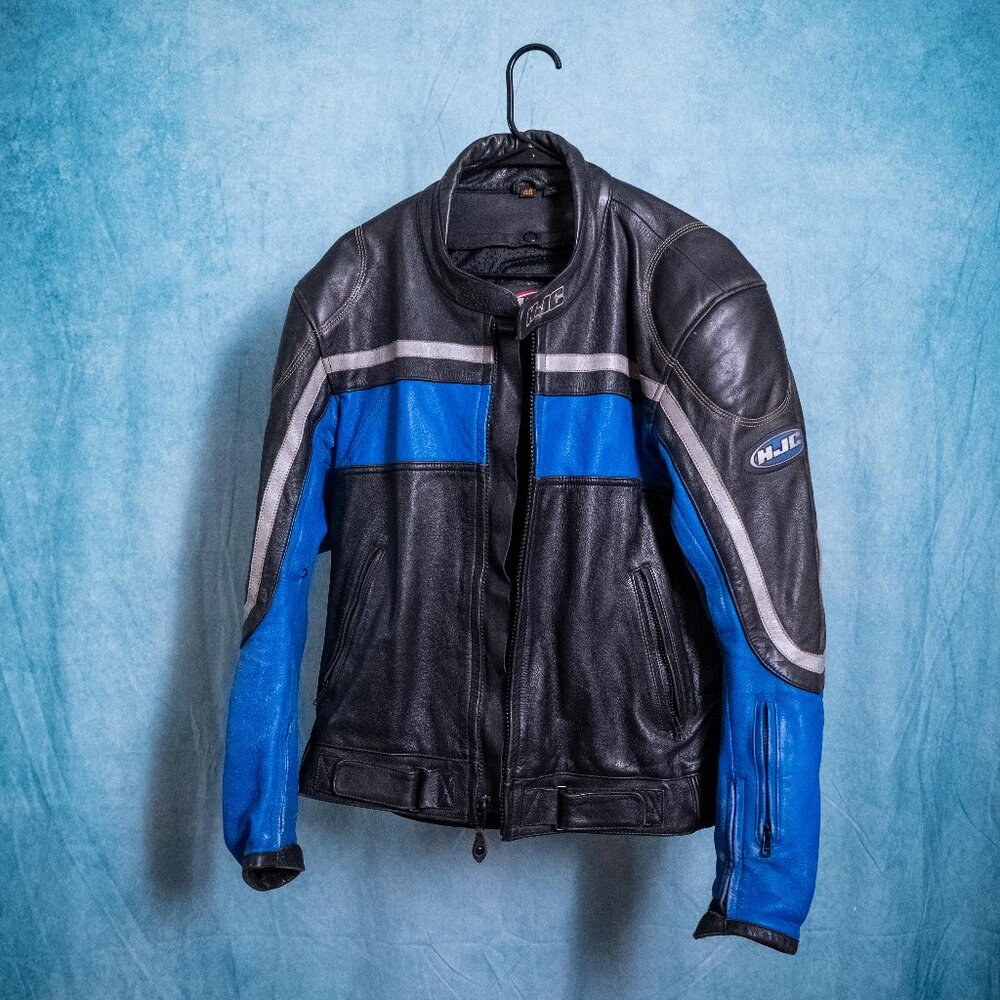 HJC Leather Jacket Mens 46 (Medium) Black Blue Motorcycle Riding Gear Armor Zip